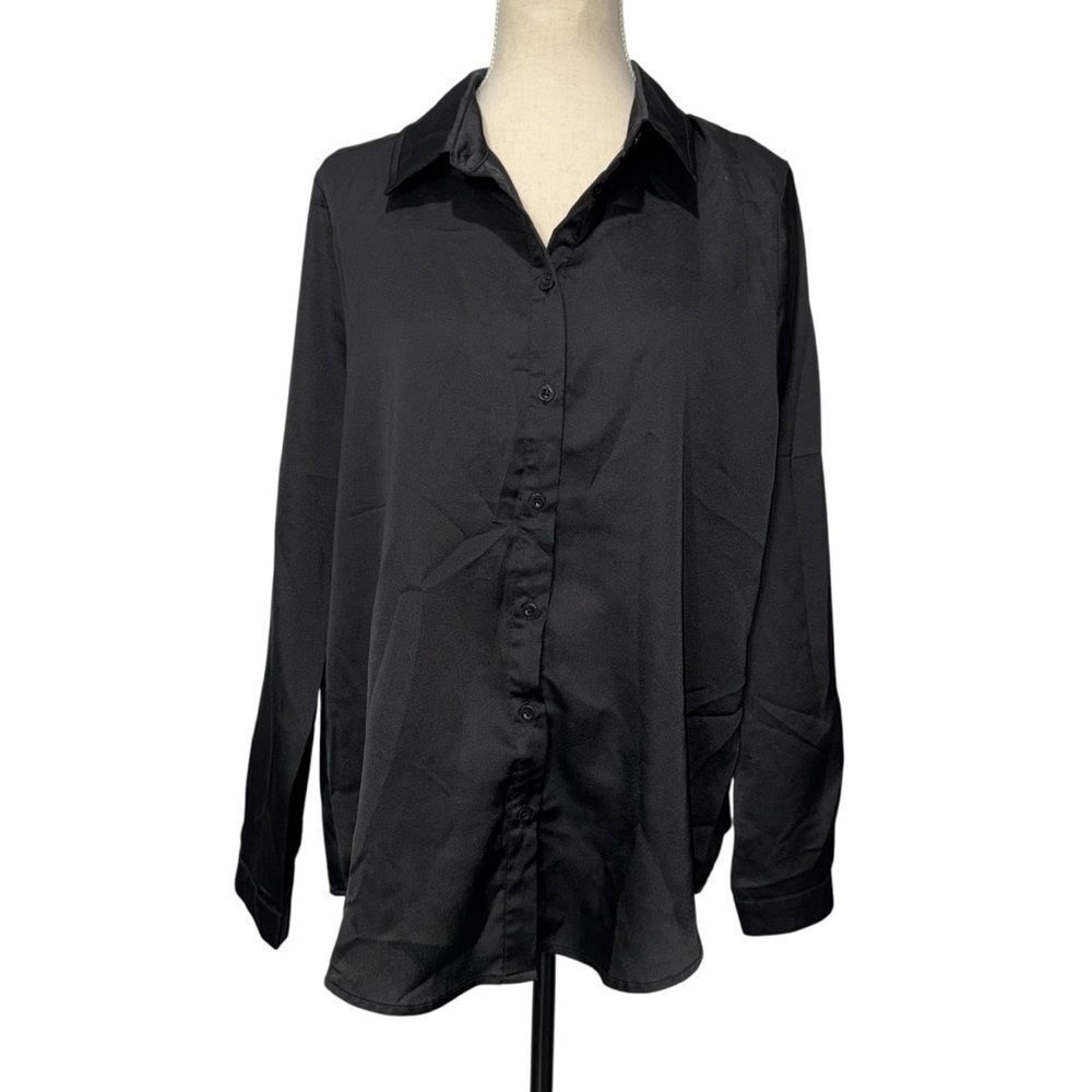 Boohoo Smooth Solid Black Silk Satin Button-Down Shirt Long Sleeve lightweight M - Picture 2 of 13